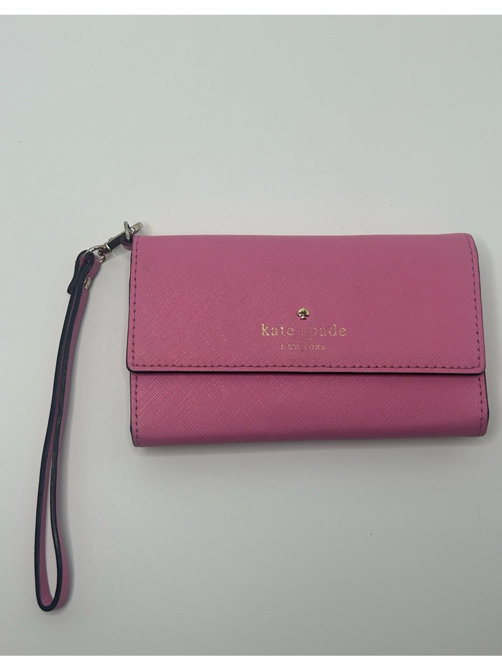 kate spade pink Saffiano leather wristlet wallet with gold logo